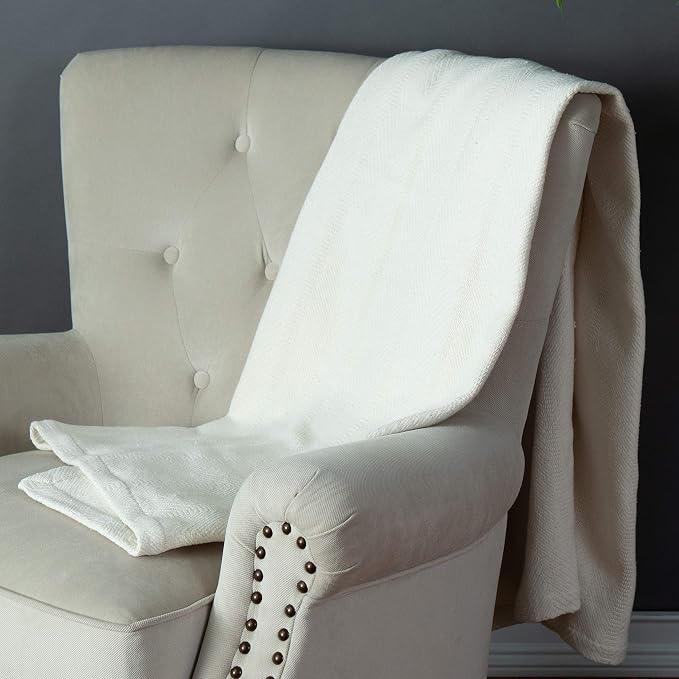 Sticky Toffee Cotton Throw Blanket, 60 x 50 Inch, Ivory Cream Herringbone Weave - Image 2