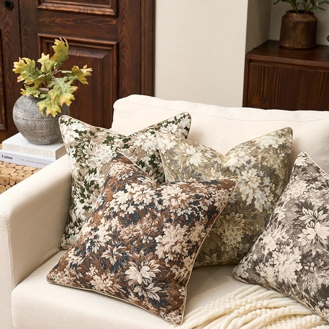 Yangest Neutral Floral Pillow Cover 24 x 24 Inches, Vintage Chenille Square - Image 4