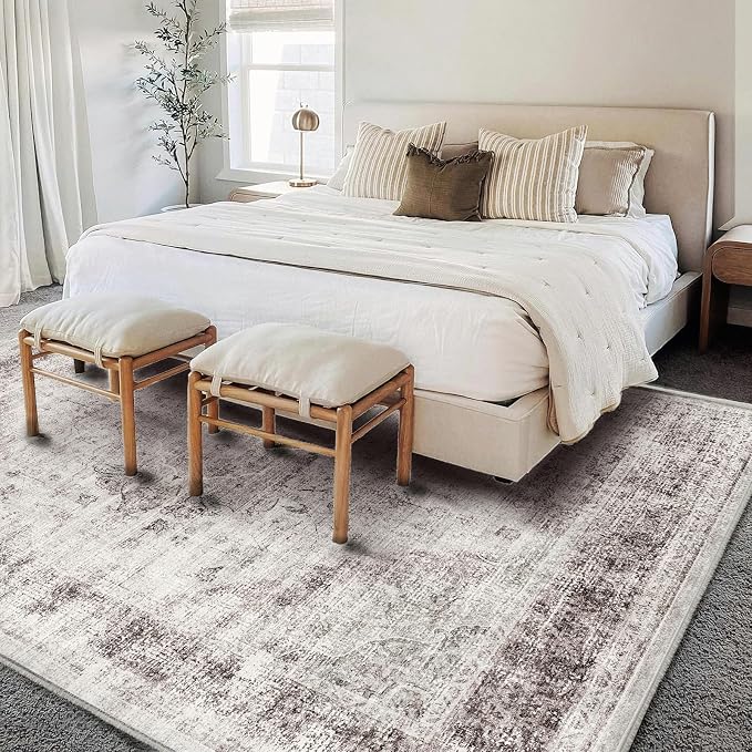 Washable Area Rug 9'x12' Floral red Boho Design Non-Shedding Easy Care Ideal - Image 4