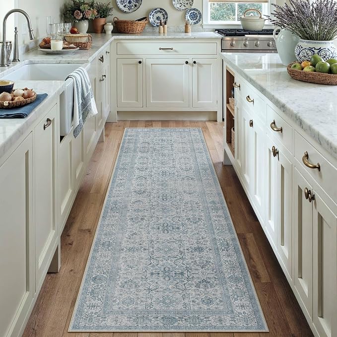Blue Runner Rug 2x8 Hallway Washable Carpet Soft Vintage Indoor Kitchen Non by PureCozy