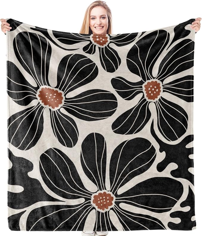 HIWX Boho Abstract Floral Blanket, Modern Abstract Boho Black Flower Throw by HIWX
