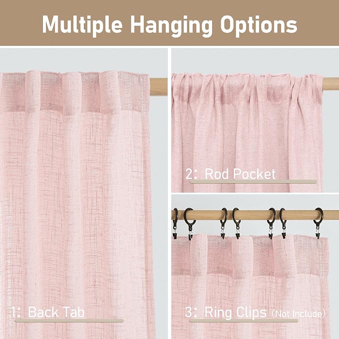 LAMIT Pink Linen Curtains 54 Inch Length 2 Panels, Light Filtering Panels Back - Image 3