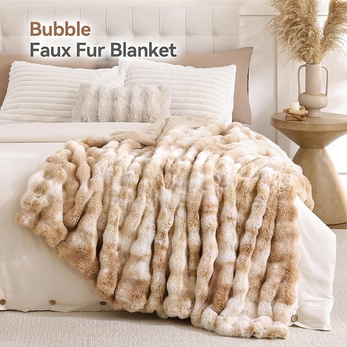 Smoofy Faux Fur Throw Blanket for Couch – Tie-dye Camel Fluffy Cozy Rabbit - Image 2