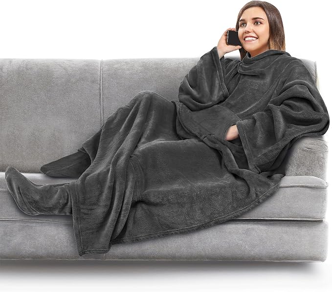 PAVILIA Fleece Blanket with Sleeves, Foot Pockets by PAVILIA