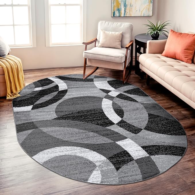 Rugshop Gray Modern Geometric Oval Rug, Abstract Circles, High-Traffic - Image 9