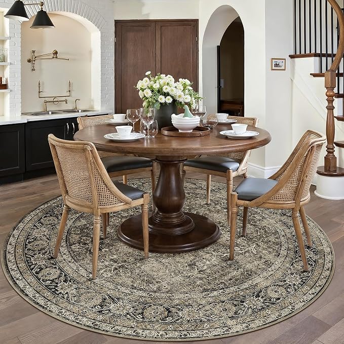 Brown Round Area Rug 8ft Washable 8x8 Circle Vintage Low Pile Indoor Large - Image 6
