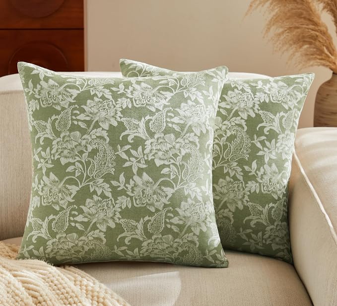 Floral Jacquard Throw Pillow Covers Set of 2, Background/Green 18x18 Inch by Unknown
