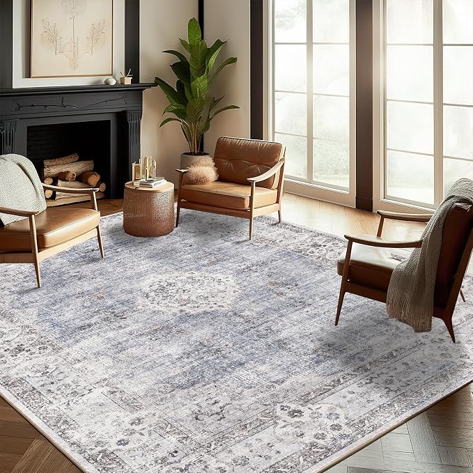 Washable Area Rug 9'x12' Retro Boho Design Non-Shedding Easy Care Ideal by CHAMPLANT