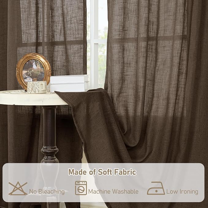 LAMIT Dark Brown Linen Curtains 54 Inch Length 2 Panels, Light Filtering Panels - Image 8