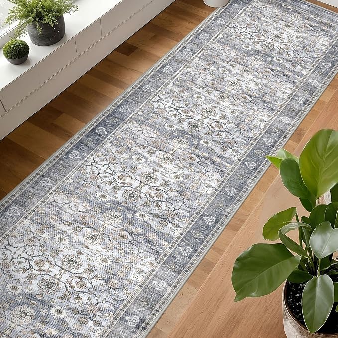 KUTA Vintage Washable Long Hallway Runner Rug, 2.6x16 Grey Blue Non-Slip - Image 3