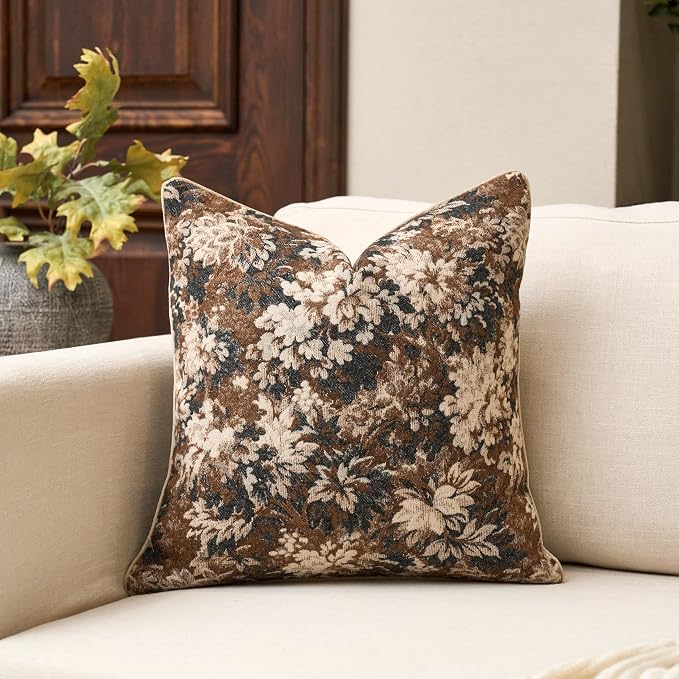 Yangest Neutral Floral Pillow Cover 18 x18 Inches, Vintage Chenille Square by Yangest