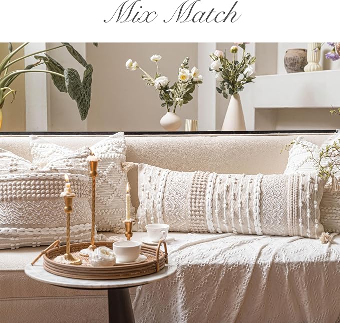 BlissBlush Cream Decorative Lumbar Throw Pillow Cover 14x36 Boho Long Cushion - Image 4