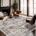 Washable Area Rug 9'x12' Deep Khaki Retro Flowers Boho Design Non-Shedding Easy by CHAMPLANT