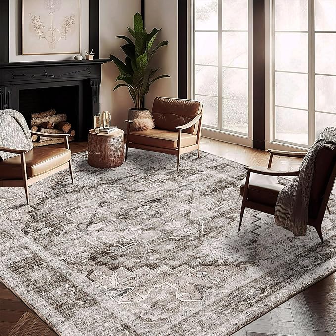 Washable Area Rug 9'x12' Deep Khaki Retro Flowers Boho Design Non-Shedding Easy by CHAMPLANT