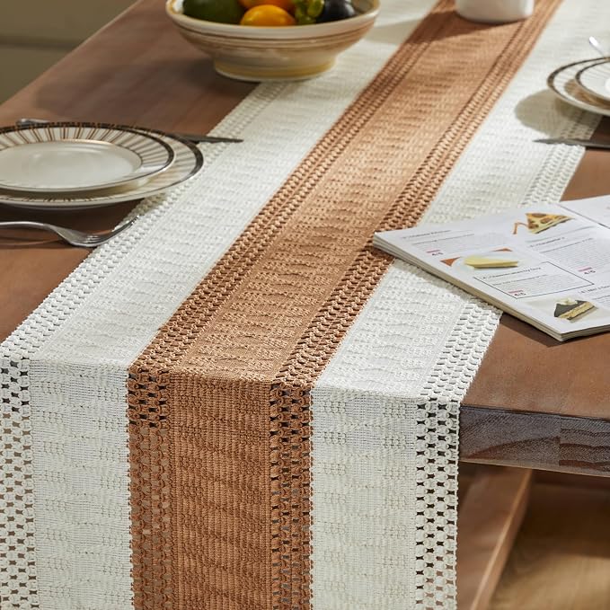 ZeeMart Macrame Style Bicolor Stitching Table Runner, 14 x 72 Inch Caramel/Ivory - Image 5