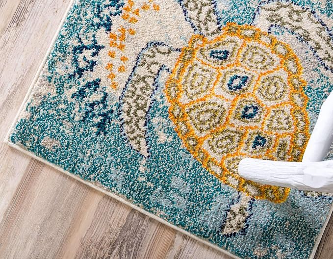 Unique Loom Positano Collection Coastal Modern Turtles Beige Runner Rug - Image 6