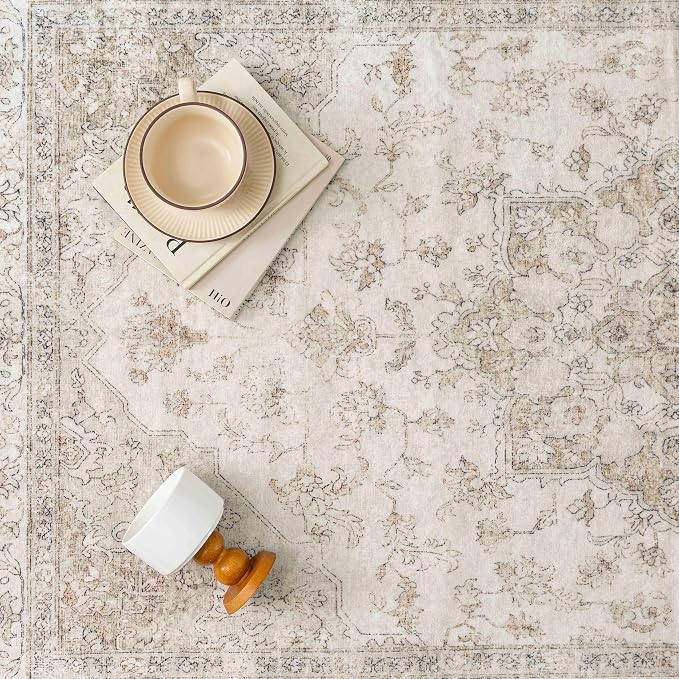 Beige Runner Rug 2x5 Washable Vintage Carpet Hallway Kitchen Soft Retro Low - Image 7
