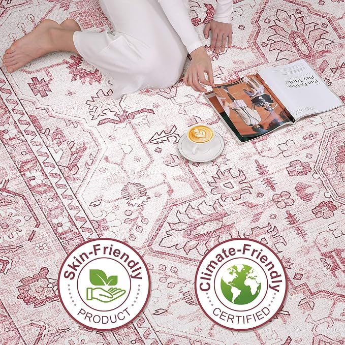 Pink Rugs for Bedroom Girls: 8x10 Washable Boho Large Neutral Cute Soft Area - Image 8