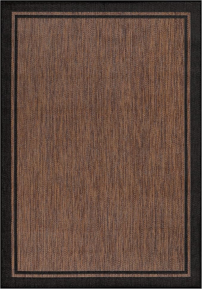 CAMILSON Indoor Outdoor Rug, 9x12 Bordered Nut Brown Black Modern Area Rugs - Image 2