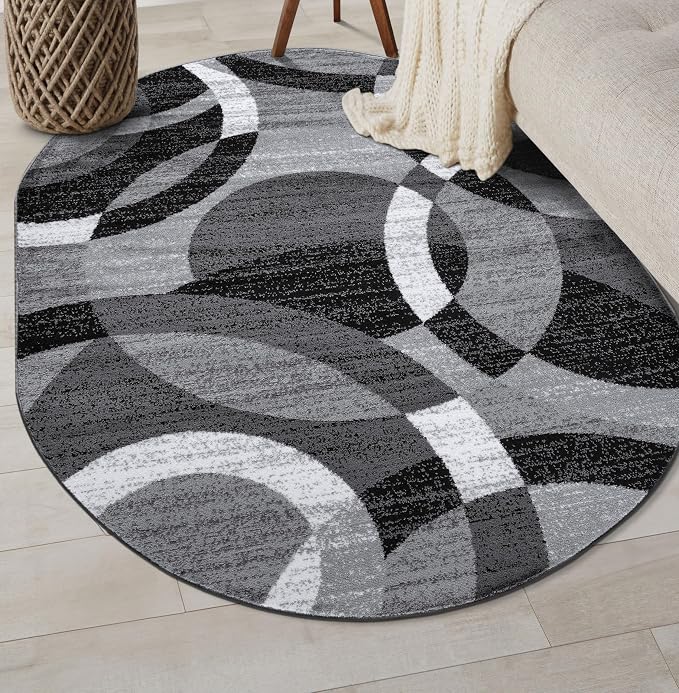 Rugshop Gray Modern Geometric Oval Rug, Abstract Circles, High-Traffic - Image 8