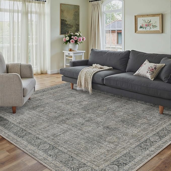 Vintage Area Rug 4x5 Grey Brown Entryway Office Washable Carpet Non Slip by PureCozy