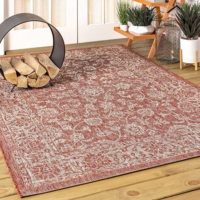 JONATHAN Y Weave Floral Indoor Outdoor Area Rug 5X8 Red/Taupe, Tela Bohemian - Image 7