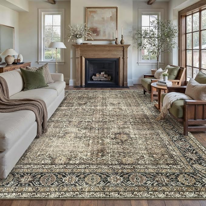 Vintage Area Rug 7x9 Brown Washable Living Room Large Carpet Non Slip Bedroom - Image 5