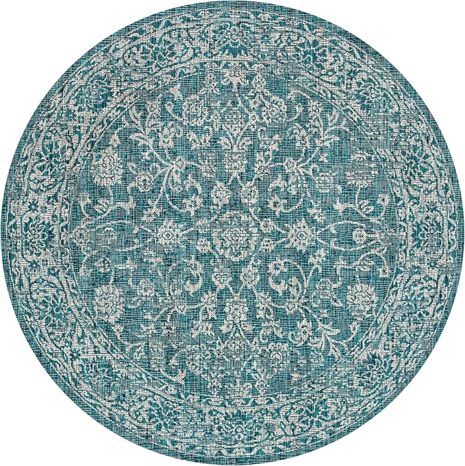 JONATHAN Y Weave Floral Indoor Outdoor Round Area Rug 9 Ft Teal/Gray, Tela - Image 9