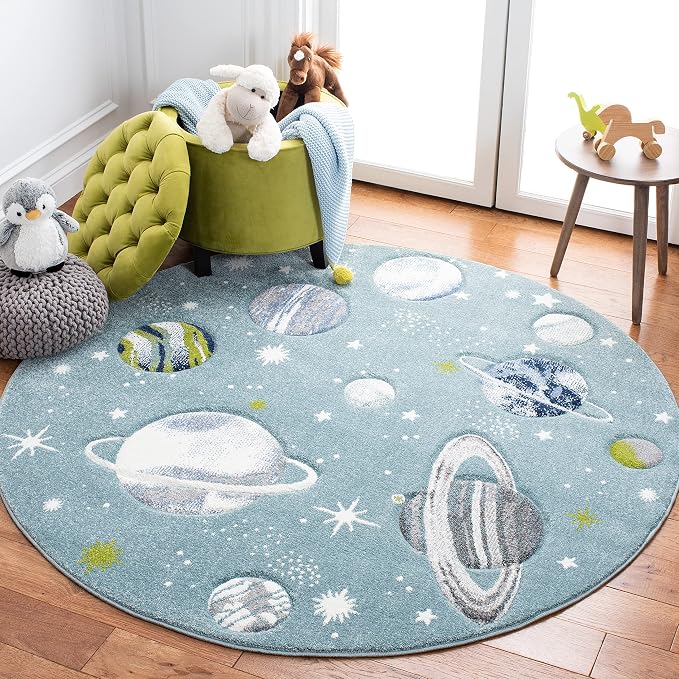 SAFAVIEH Carousel Kids Collection 5'3" Round Teal/Ivory CRK103J Outer Space by SAFAVIEH
