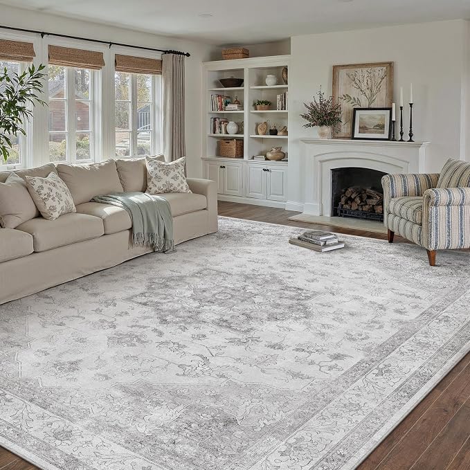 Grey Gray Area Rug 8x10 Washable Vintage Carpet - Image 6