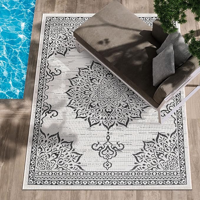 CAMILSON Outdoor Rug, 8x10 Medallion White Black Modern Area Rugs - Image 5