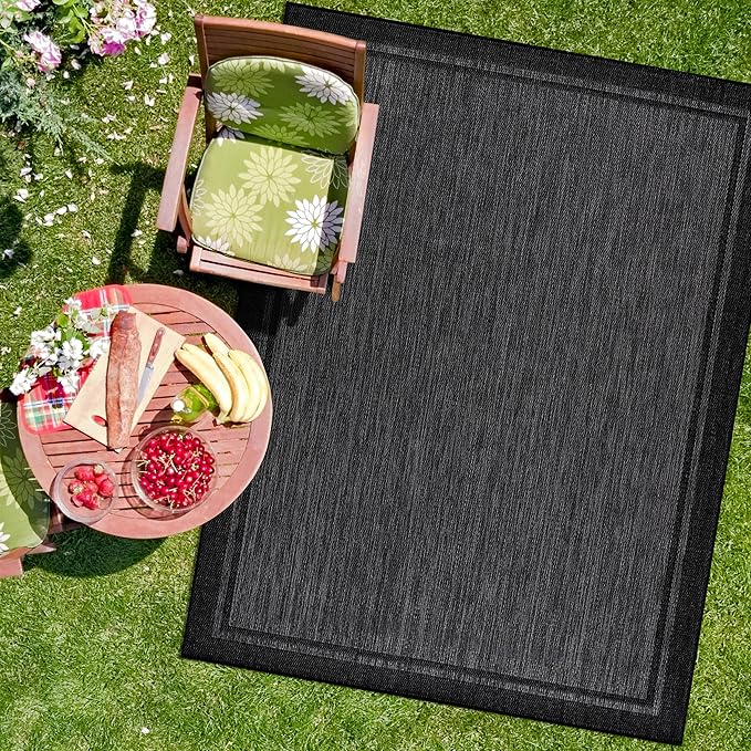 CAMILSON Indoor Outdoor Rug, 9x12 Bordered Dark Grey Black Modern Large Area - Image 2