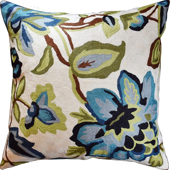 Modern Cream Decorative Floral Pillow Cover Needlepoint White Flower Hand by Kashmir+Designs