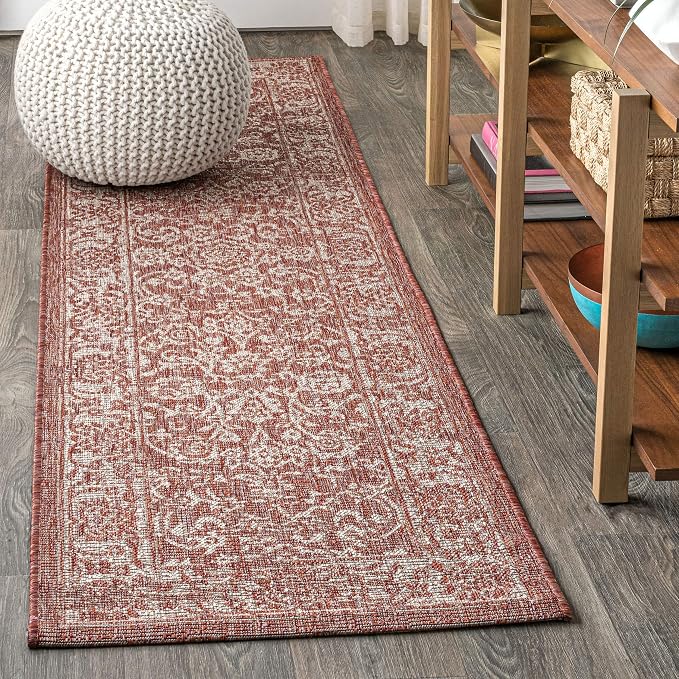 JONATHAN Y Weave Floral Indoor Outdoor Runner Rug 2X8 Red/Taupe, Tela Bohemian - Image 3