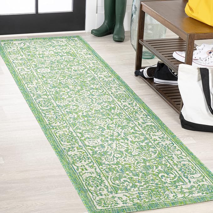 JONATHAN Y Weave Floral Indoor Outdoor Runner Rug 2X8 Cream/Green, Tela - Image 3