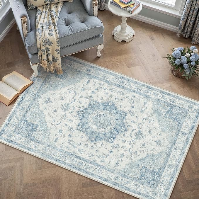Blue Area Rug 4x6 Washable Vintage Carpet - Image 5