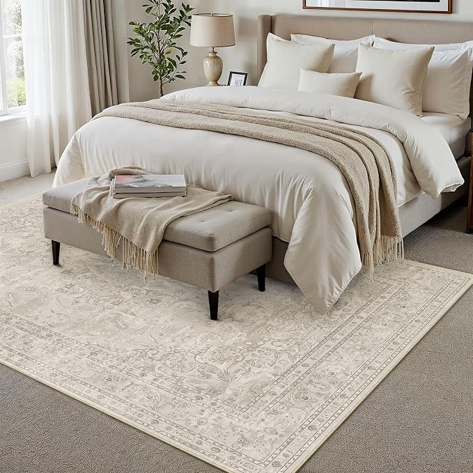 Beige 6x9 Area Rug Washable Vintage Carpet - Image 3