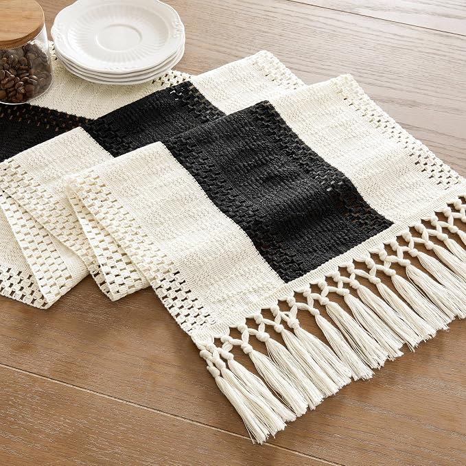 ZeeMart Macrame Style Bicolor Stitching Table Runner, 14 x 90 Inch Black/Ivory - Image 7