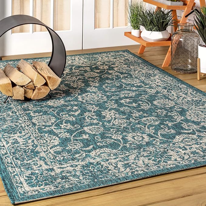 JONATHAN Y Weave Floral Indoor Outdoor Area Rug 8X10 Teal/Gray, Tela Bohemian - Image 3