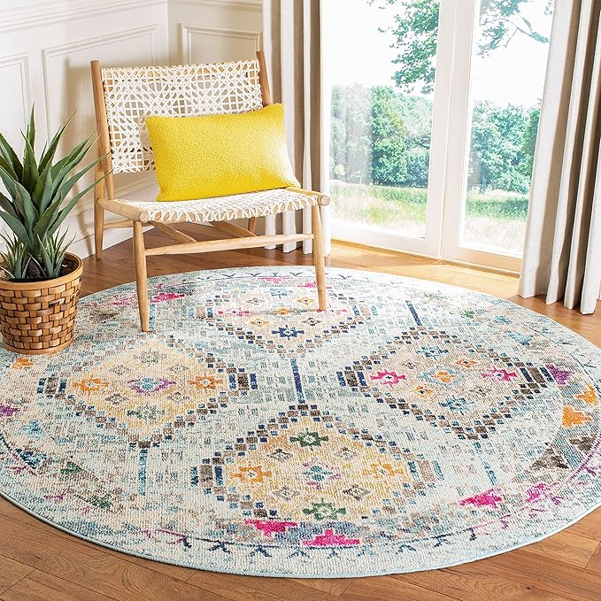 SAFAVIEH Madison Collection 3' Round Blue / Yellow MAD418K Boho Diamond by SAFAVIEH