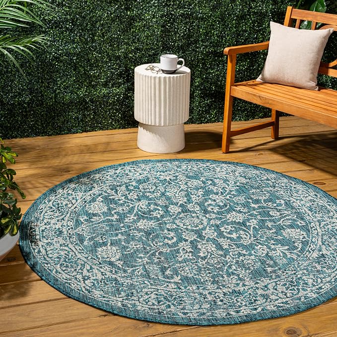 JONATHAN Y Weave Floral Indoor Outdoor Round Area Rug 9 Ft Teal/Gray, Tela by JONATHANY