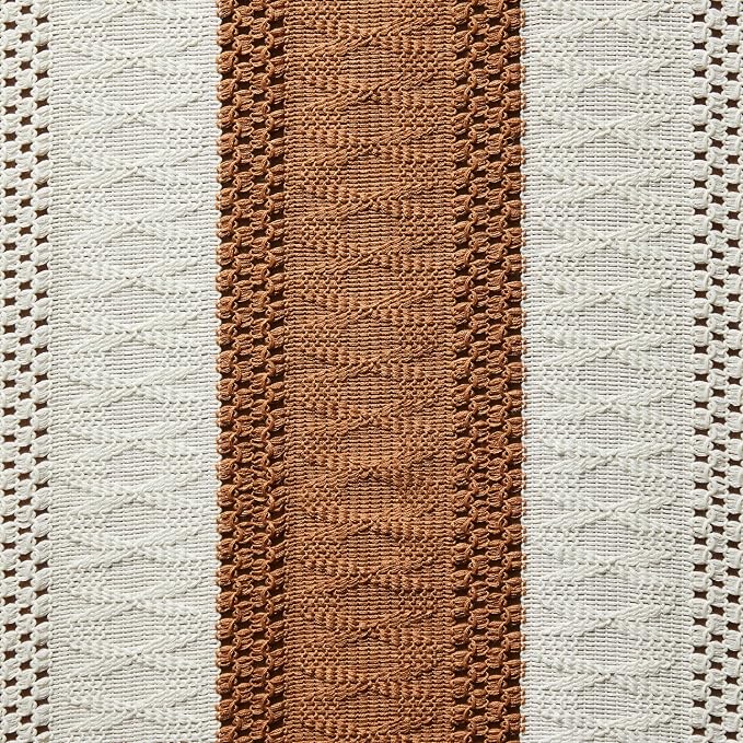 ZeeMart Macrame Style Bicolor Stitching Table Runner, 14 x 48 Inch Caramel/Ivory - Image 6