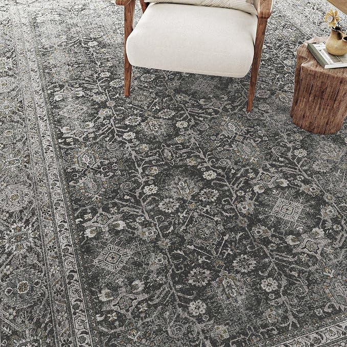 Vintage Area Rug 5x7 Black Washable Living Room Large Carpet Non Slip Bedroom - Image 8
