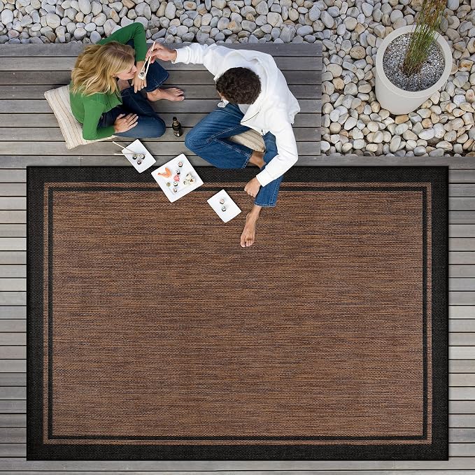CAMILSON Indoor Outdoor Rug, 9x12 Bordered Nut Brown Black Modern Area Rugs - Image 9