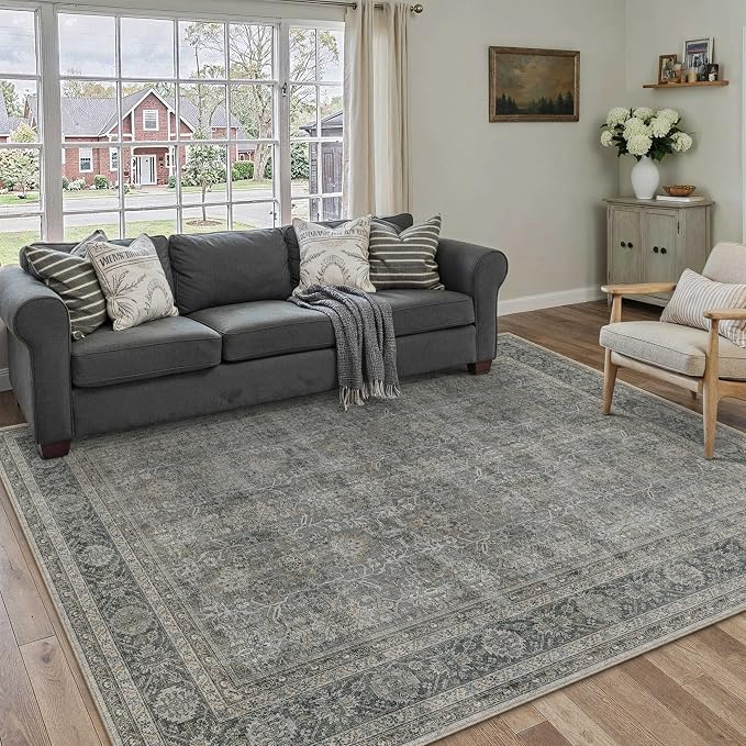 Vintage Area Rug 4x5 Grey Brown Entryway Office Washable Carpet Non Slip - Image 5