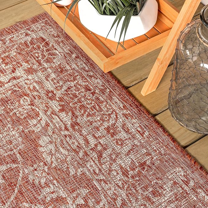 JONATHAN Y Weave Floral Indoor Outdoor Square Area Rug 3X3 Red/Taupe, Tela - Image 8