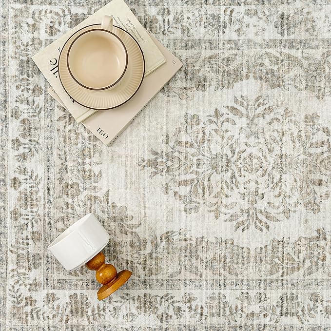 2x6 Runner Rug Beige Washable Hallway Kitchen Bedroom Vintage Distressed - Image 5
