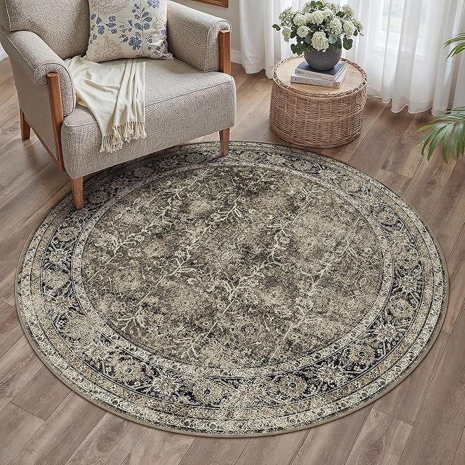 Brown Round Area Rug 3ft Entryway 3x3 Circle Vintage Indoor Kitchen Washable - Image 7