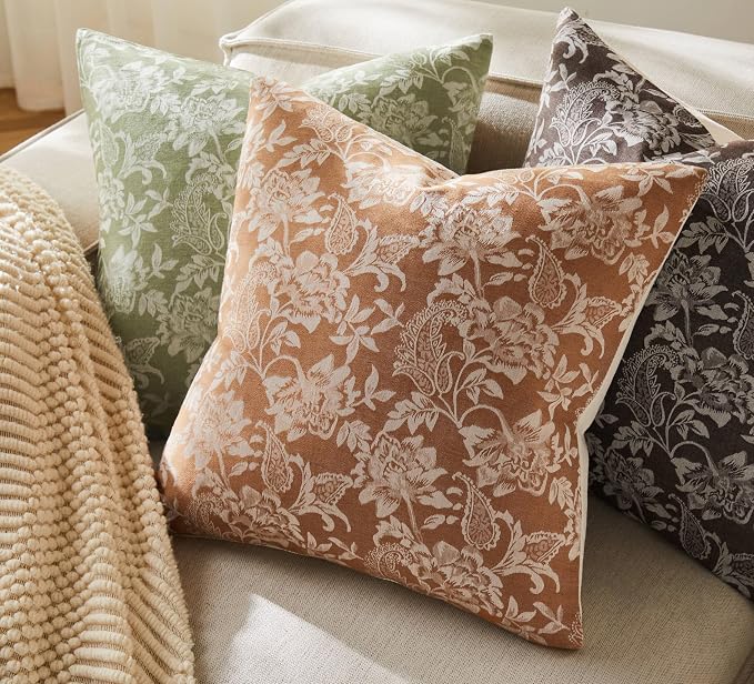 Floral Jacquard Throw Pillow Covers Set of 2, Background/Caramal 18x18 Inch - Image 5