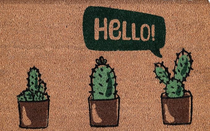Coir Door Mats 17" X 30", Non-Slip Sturdy, PVC Backed Heavy Duty, Hello Cactus by Unknown